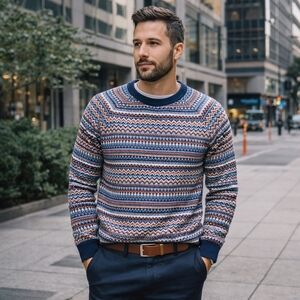 NWT Magaschoni Cotton Blend Fair Isle Knit Crewneck Sweater Blue Orange